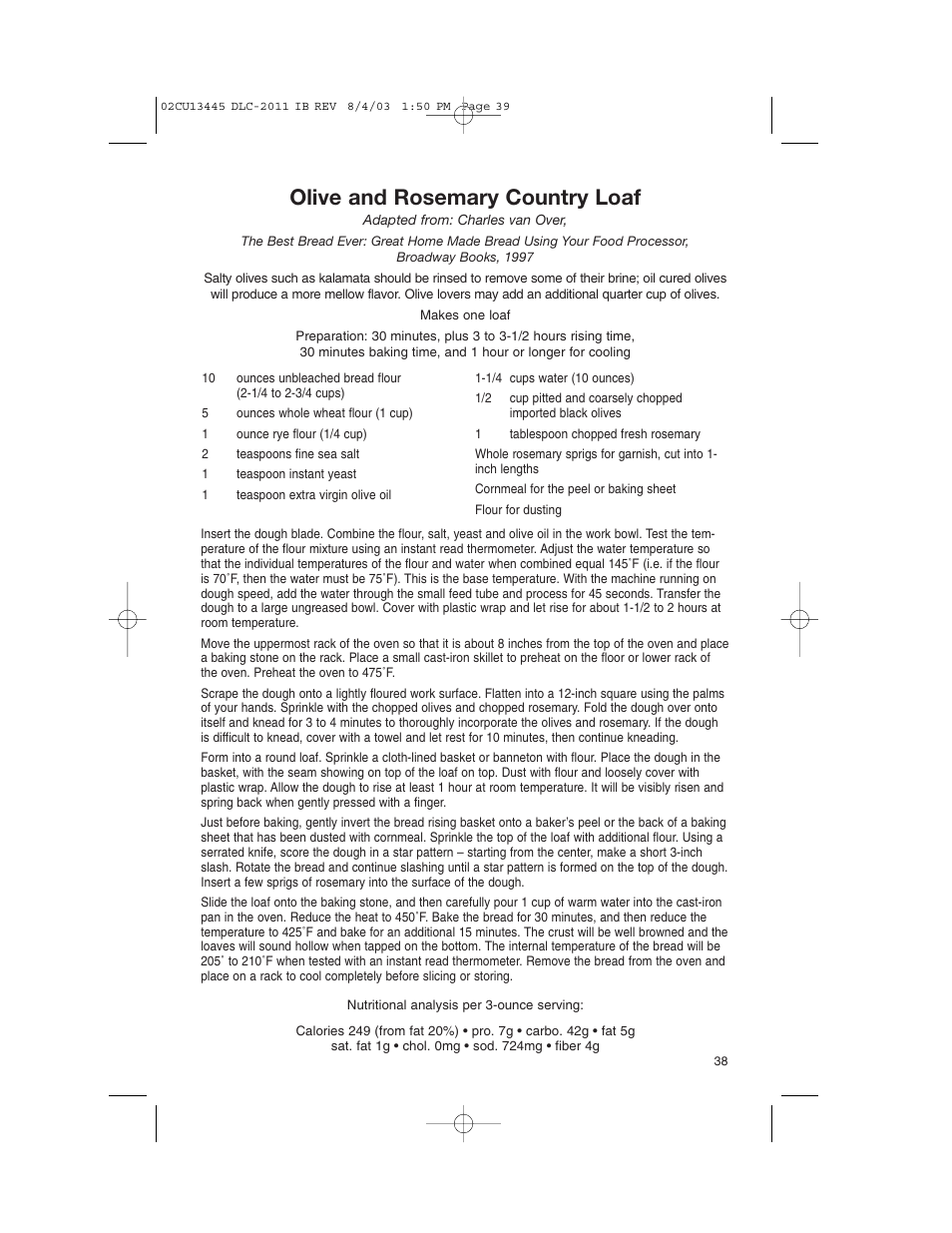 Olive and rosemary country loaf | Cuisinart 11-Cup Series User Manual | Page 39 / 68