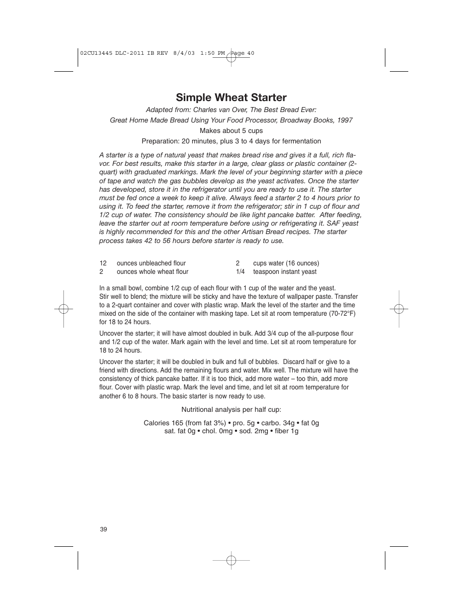 Simple wheat starter | Cuisinart 11-Cup Series User Manual | Page 40 / 68