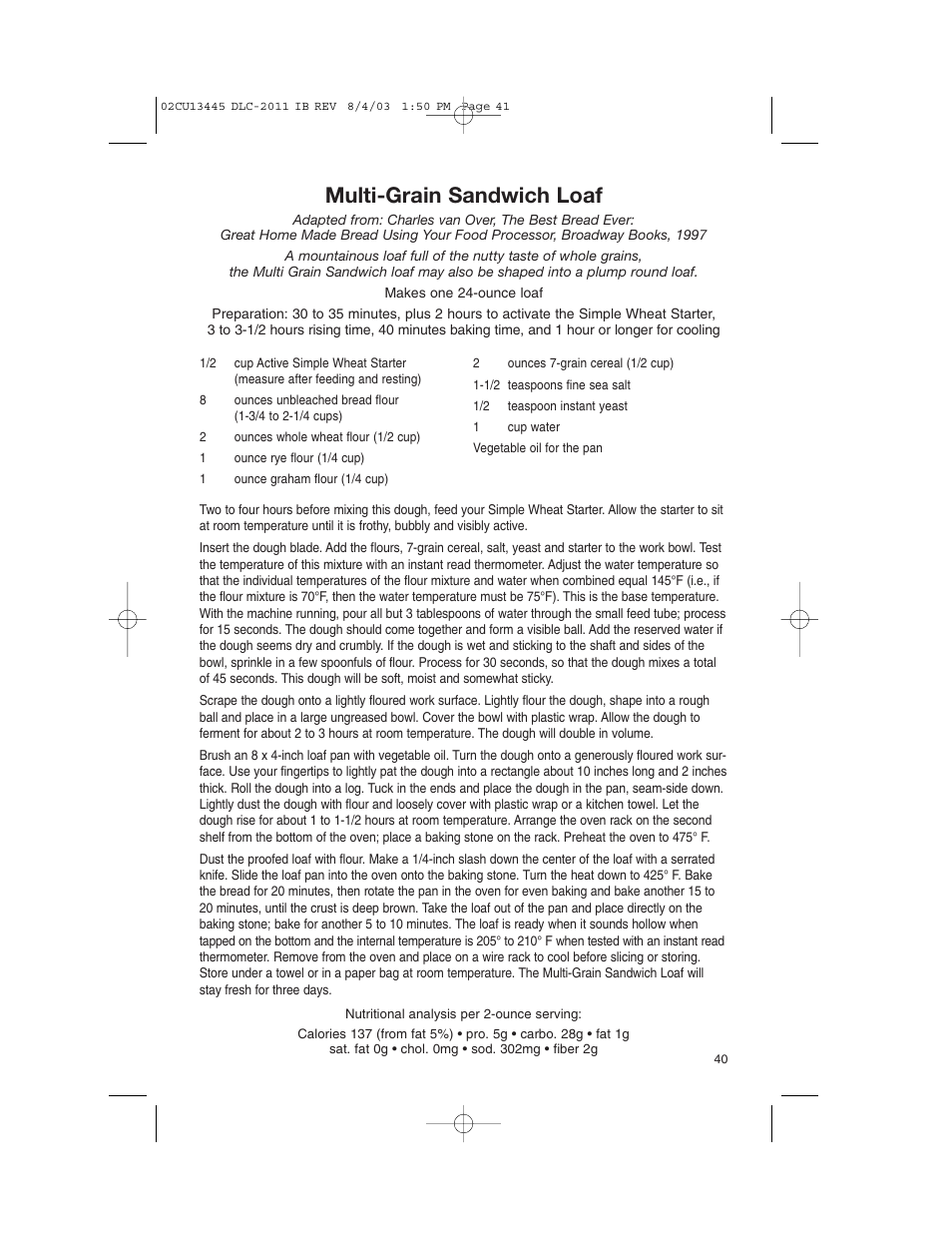 Multi-grain sandwich loaf | Cuisinart 11-Cup Series User Manual | Page 41 / 68