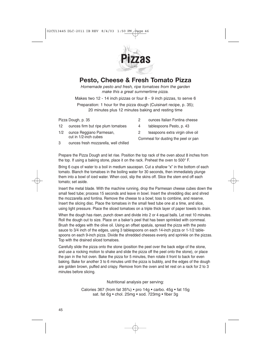 Pizzas, Pesto, cheese & fresh tomato pizza | Cuisinart 11-Cup Series User Manual | Page 46 / 68