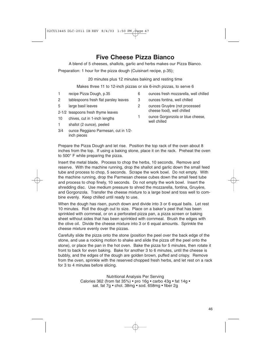 Five cheese pizza bianco | Cuisinart 11-Cup Series User Manual | Page 47 / 68