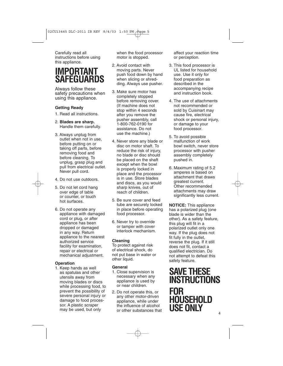 Important safeguards, Save these instructions for household use only | Cuisinart 11-Cup Series User Manual | Page 5 / 68