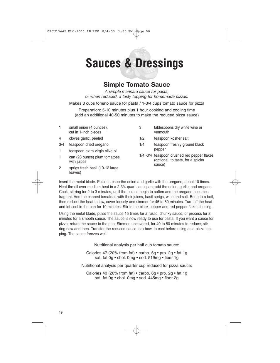 Sauces & dressings, Simple tomato sauce | Cuisinart 11-Cup Series User Manual | Page 50 / 68