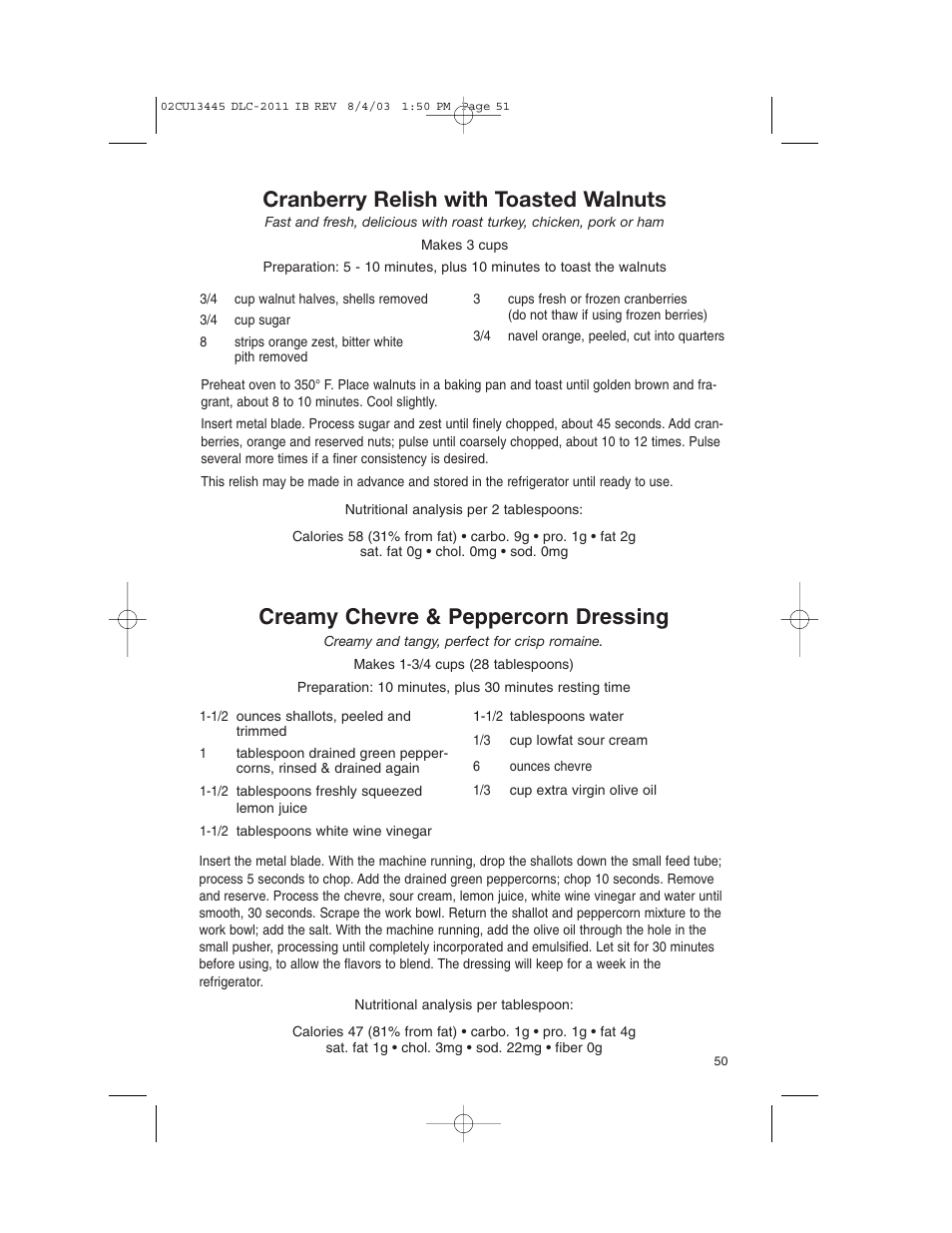 Cranberry relish with toasted walnuts, Creamy chevre & peppercorn dressing | Cuisinart 11-Cup Series User Manual | Page 51 / 68