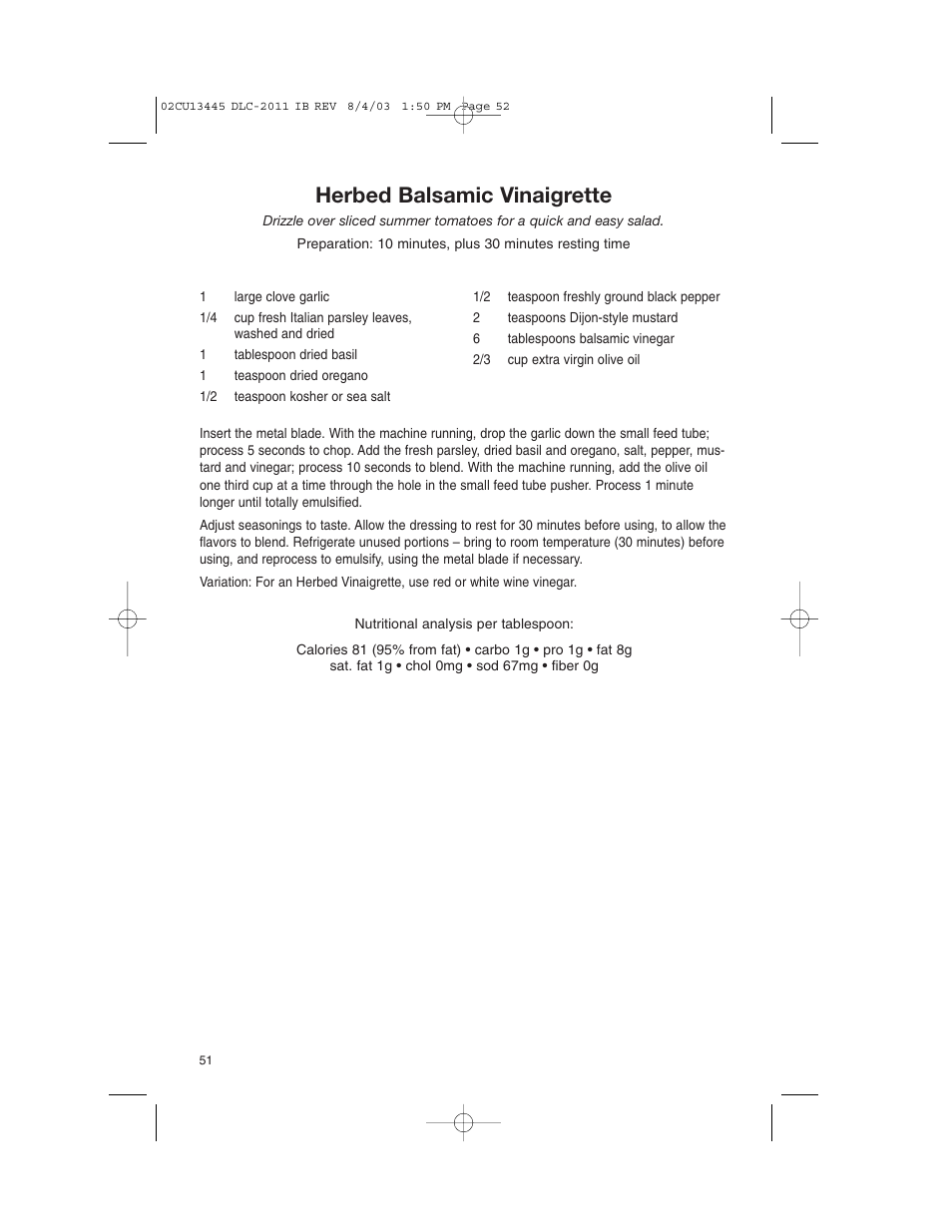 Herbed balsamic vinaigrette | Cuisinart 11-Cup Series User Manual | Page 52 / 68