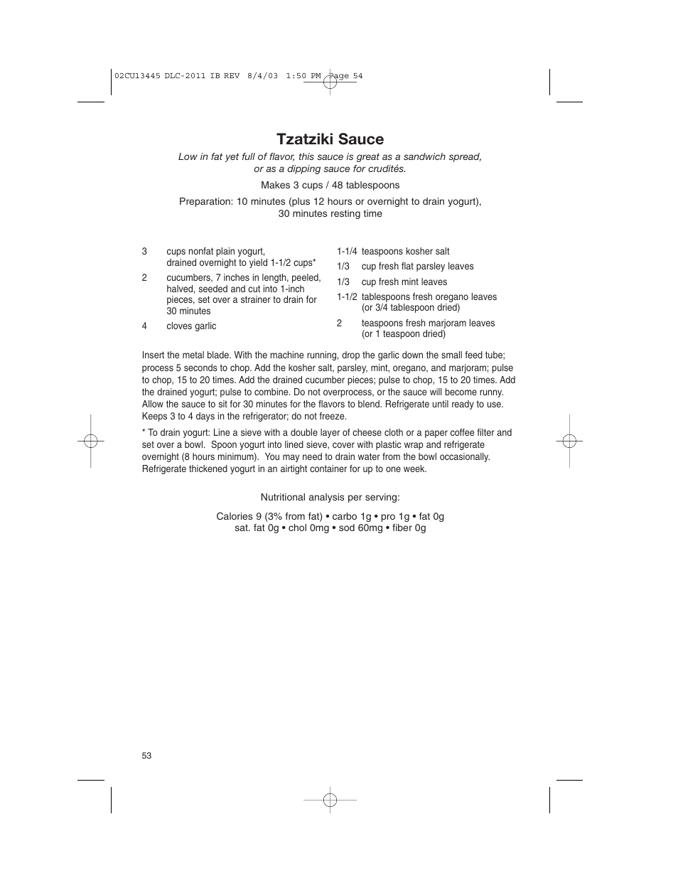 Tzatziki sauce | Cuisinart 11-Cup Series User Manual | Page 54 / 68