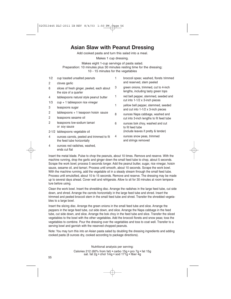 Asian slaw with peanut dressing | Cuisinart 11-Cup Series User Manual | Page 56 / 68