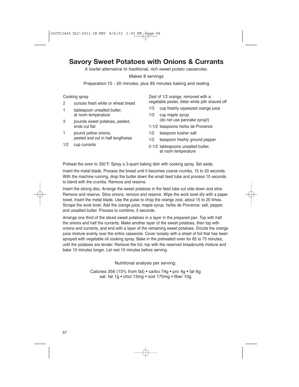 Savory sweet potatoes with onions & currants | Cuisinart 11-Cup Series User Manual | Page 58 / 68
