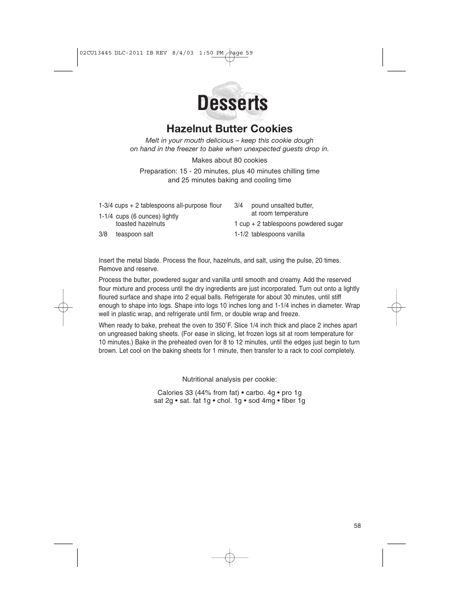 Desserts, Hazelnut butter cookies | Cuisinart 11-Cup Series User Manual | Page 59 / 68