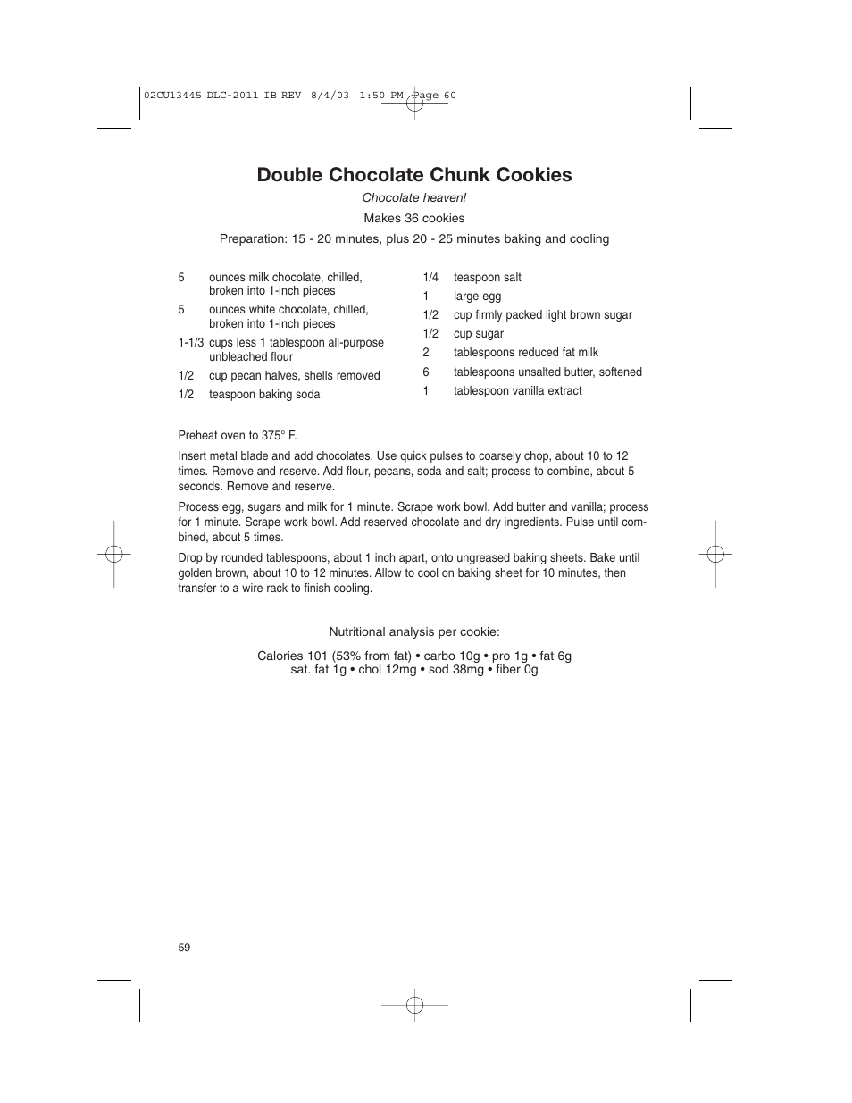 Double chocolate chunk cookies | Cuisinart 11-Cup Series User Manual | Page 60 / 68