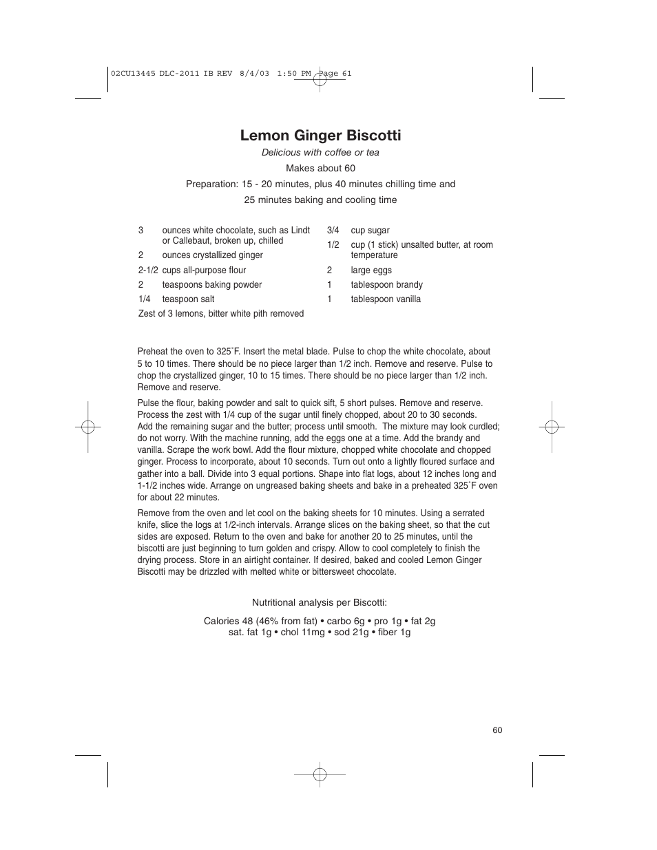 Lemon ginger biscotti | Cuisinart 11-Cup Series User Manual | Page 61 / 68