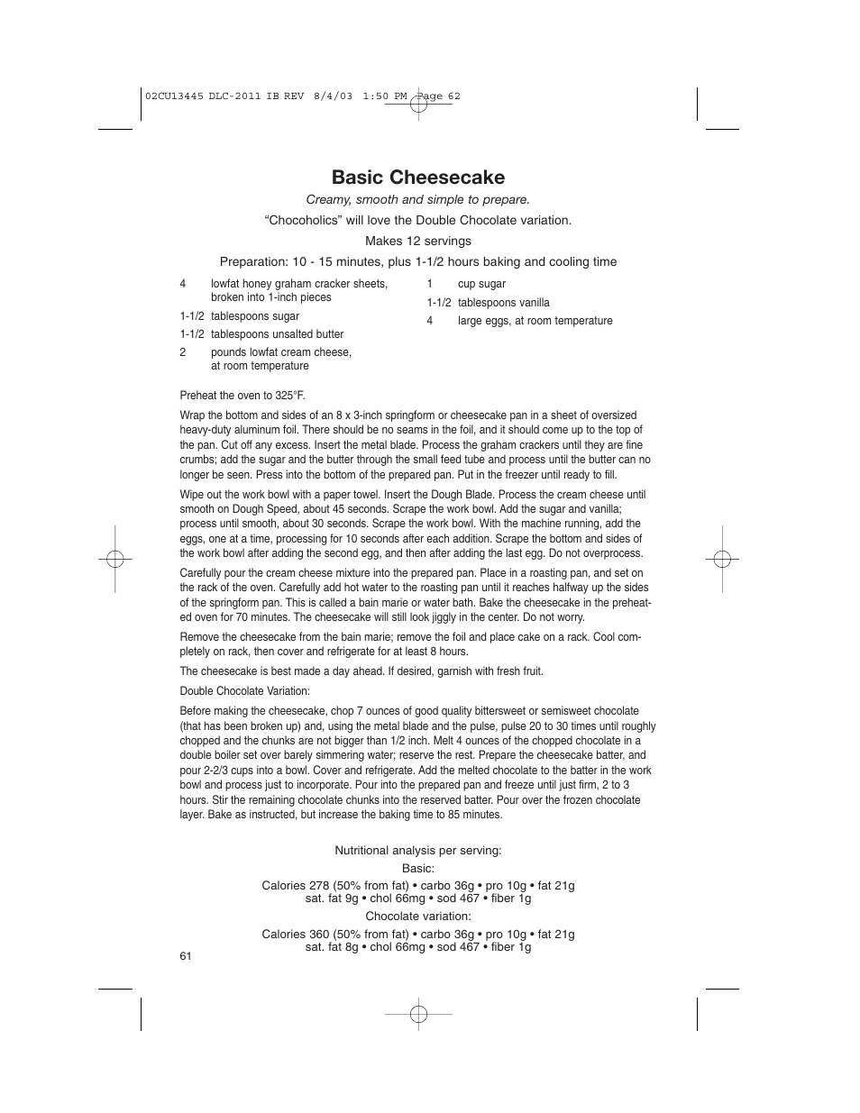 Basic cheesecake | Cuisinart 11-Cup Series User Manual | Page 62 / 68