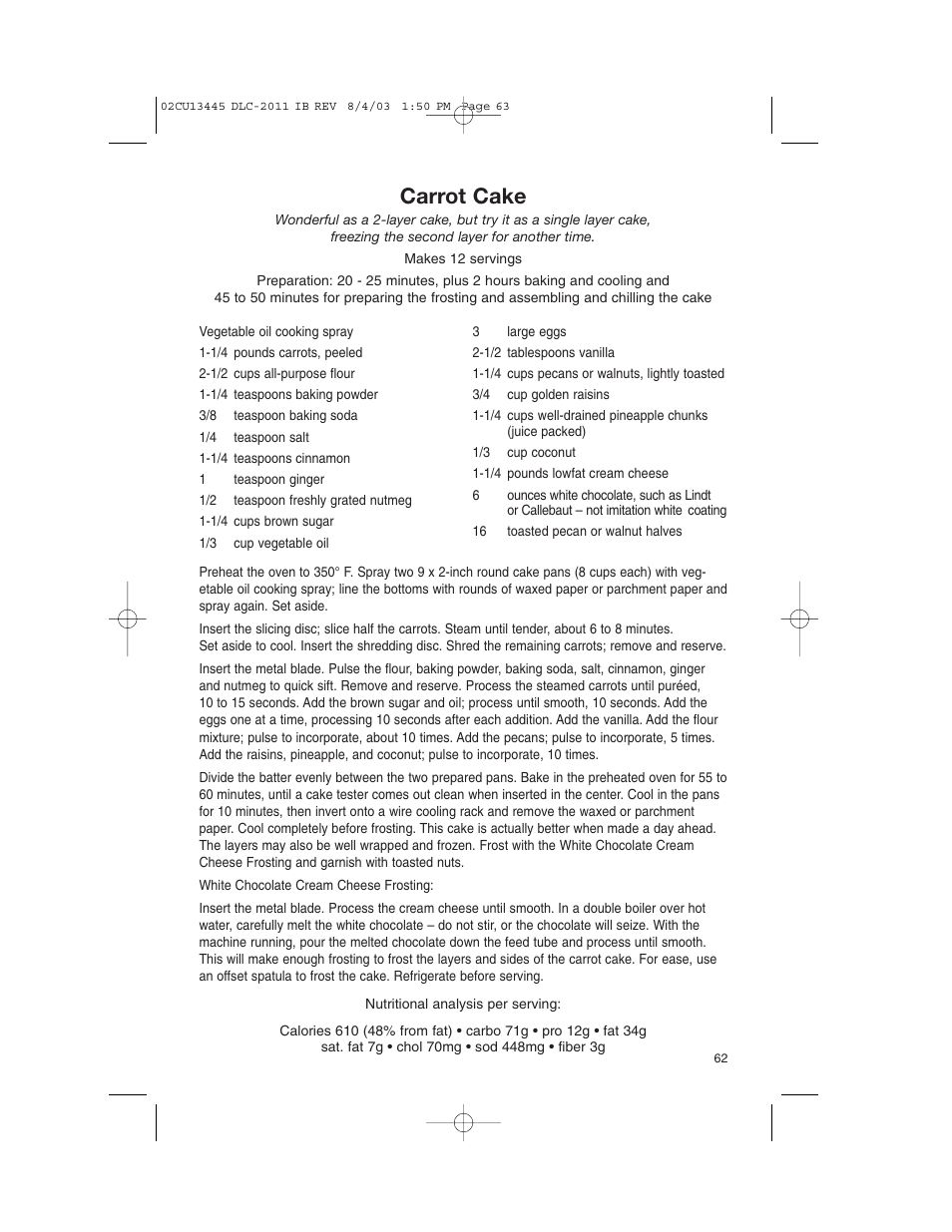 Carrot cake | Cuisinart 11-Cup Series User Manual | Page 63 / 68