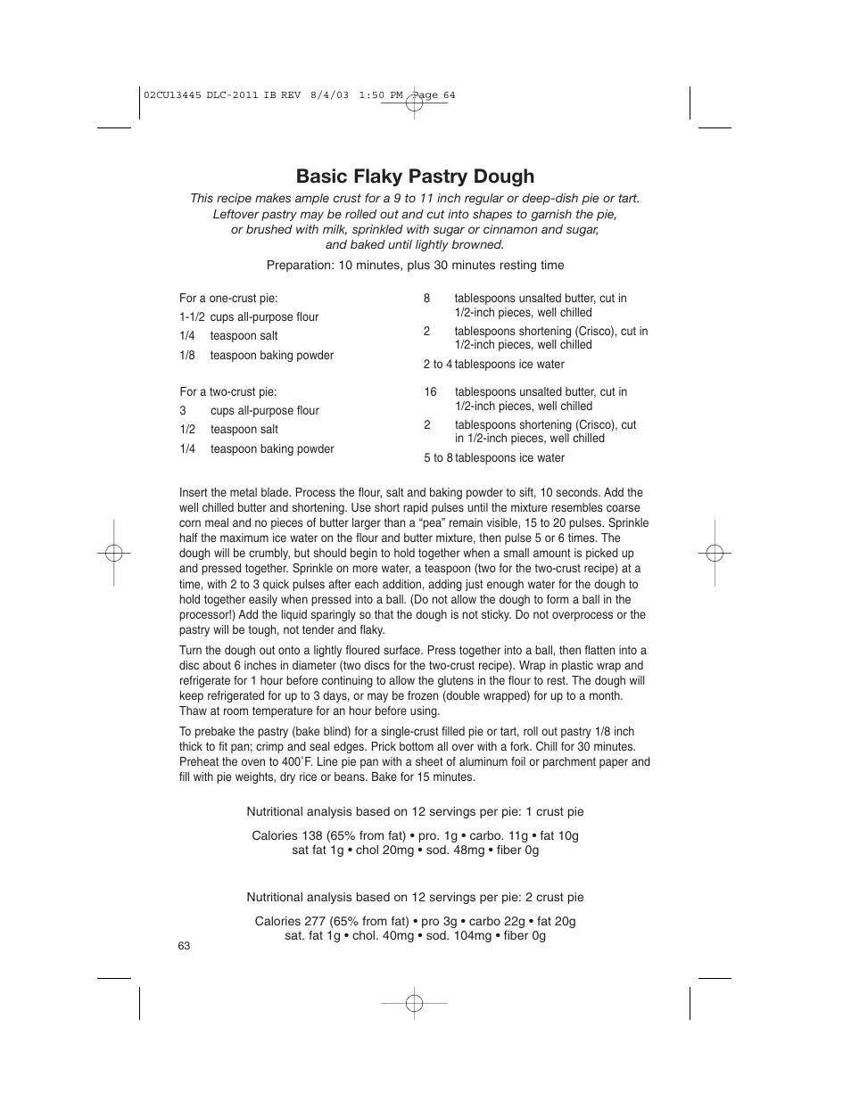 Basic flaky pastry dough | Cuisinart 11-Cup Series User Manual | Page 64 / 68