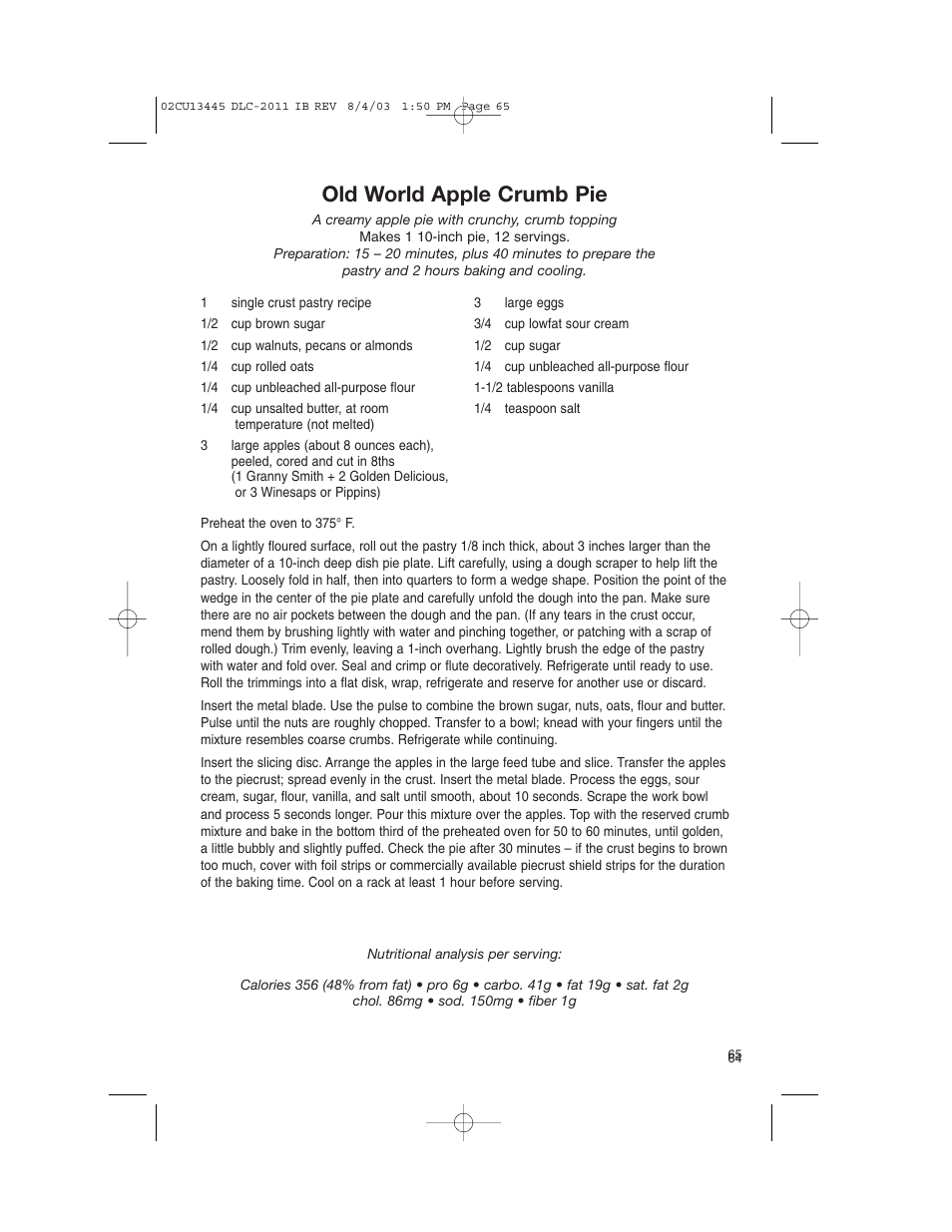 Old world apple crumb pie | Cuisinart 11-Cup Series User Manual | Page 65 / 68