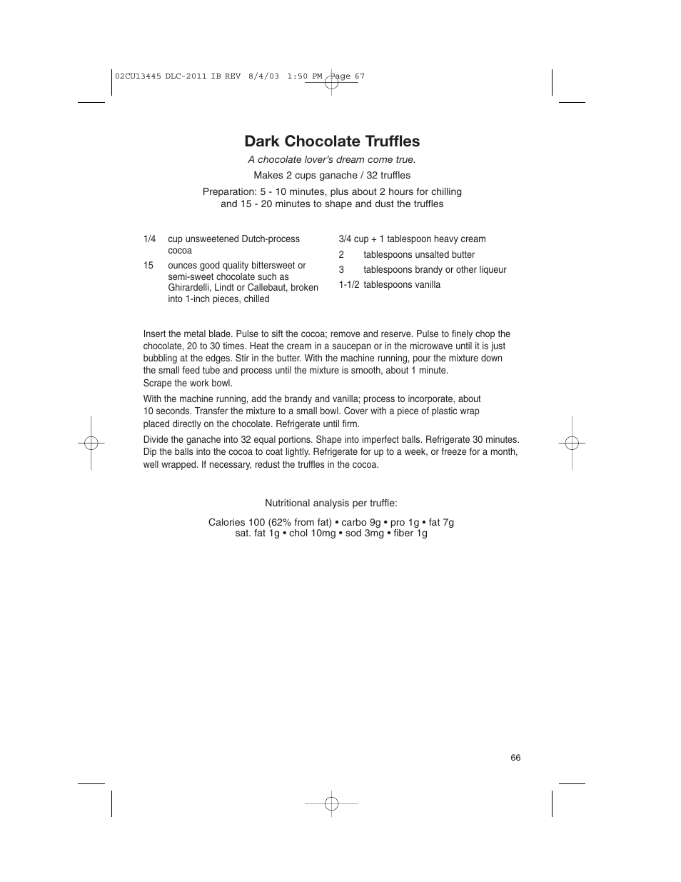 Dark chocolate truffles | Cuisinart 11-Cup Series User Manual | Page 67 / 68