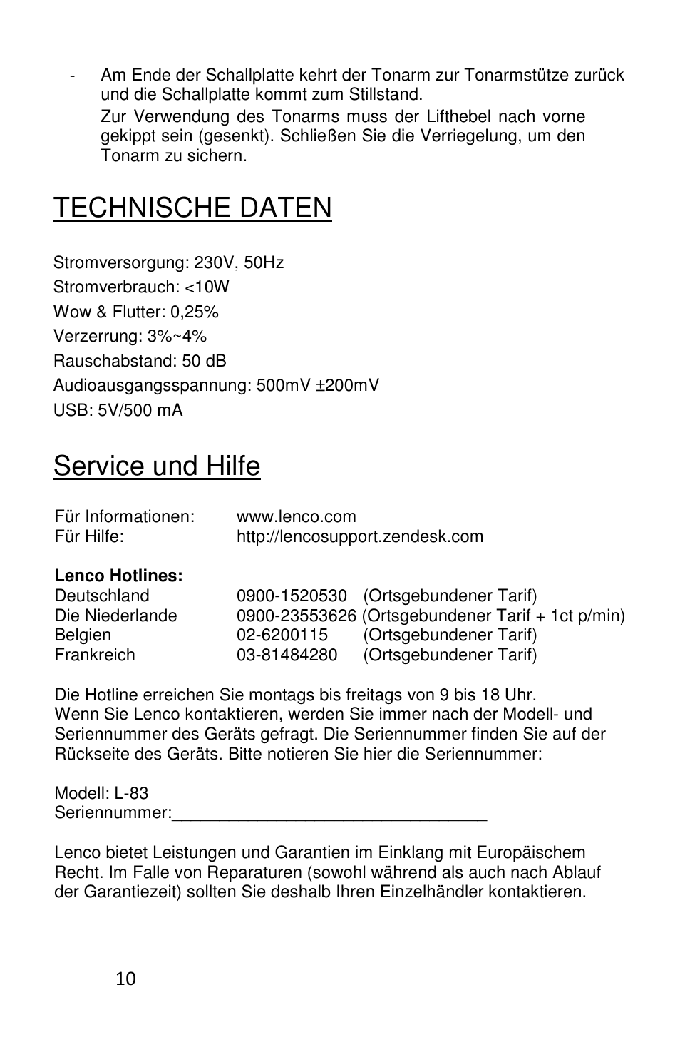 Technische daten, Service und hilfe | Lenco L-83 User Manual | Page 21 / 57
