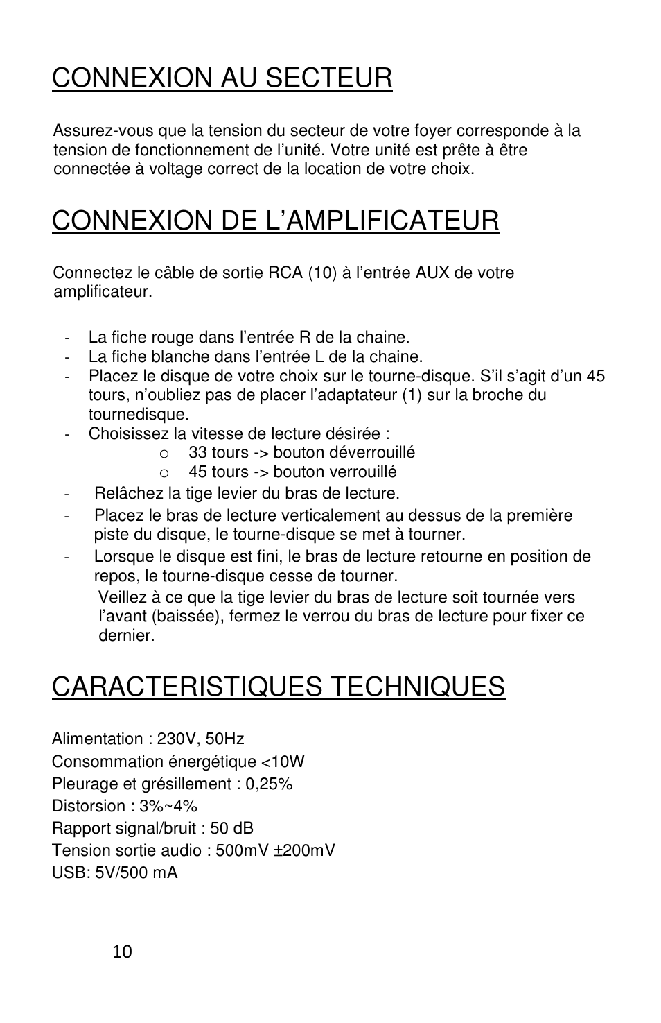 Connexion au secteur, Connexion de l’amplificateur, Caracteristiques techniques | Lenco L-83 User Manual | Page 32 / 57