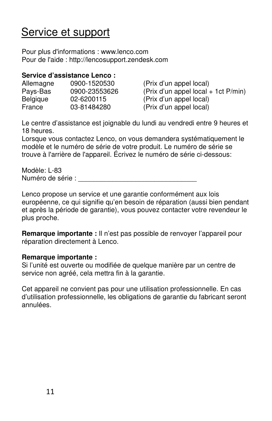 Service et support | Lenco L-83 User Manual | Page 33 / 57