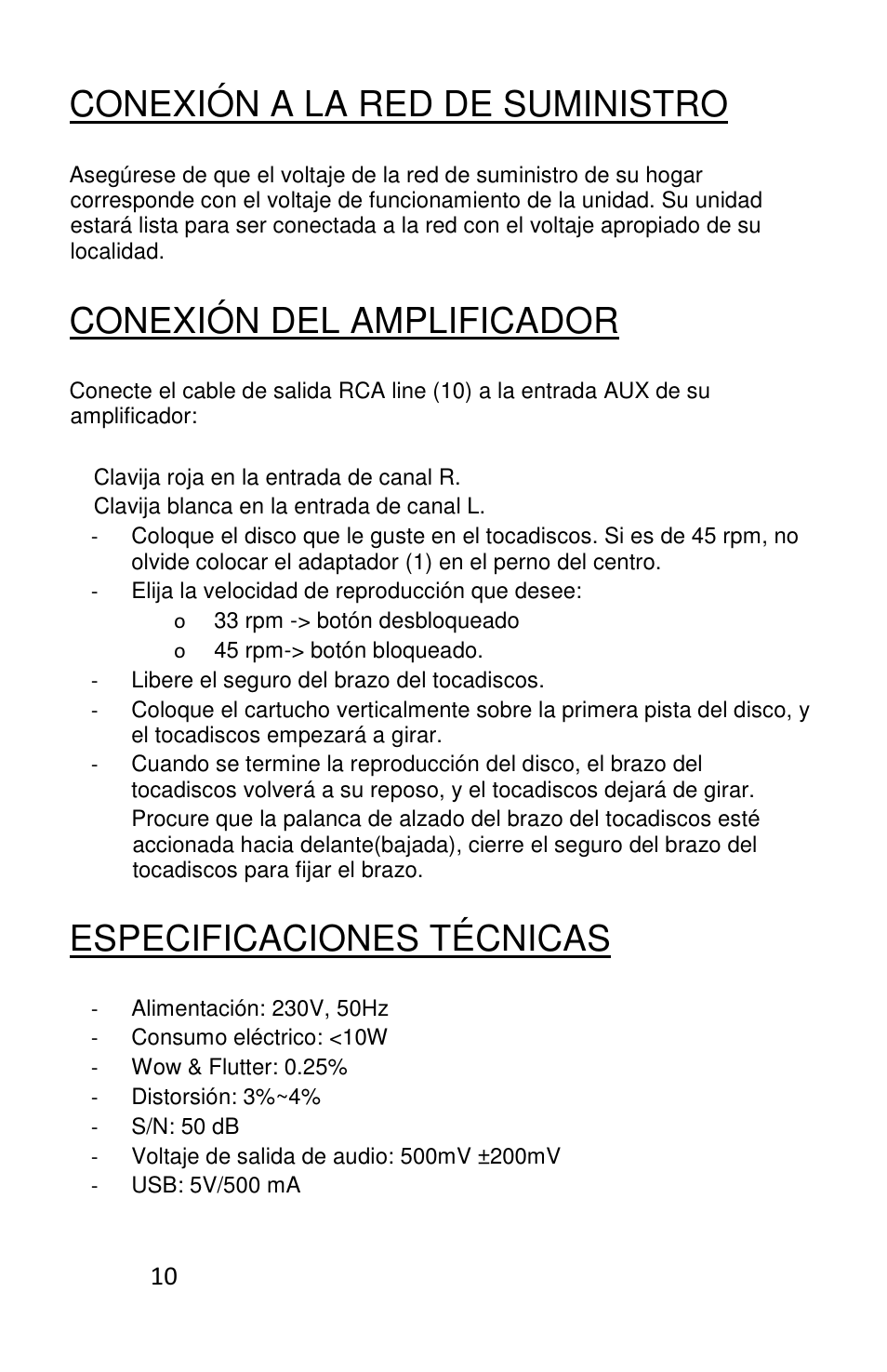 Conexión a la red de suministro, Conexión del amplificador, Especificaciones técnicas | Lenco L-83 User Manual | Page 44 / 57