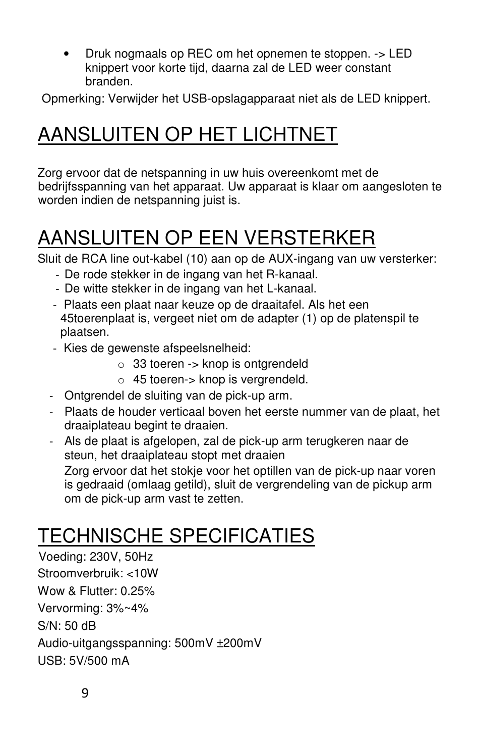 Aansluiten op het lichtnet, Aansluiten op een versterker, Technische specificaties | Lenco L-83 User Manual | Page 55 / 57