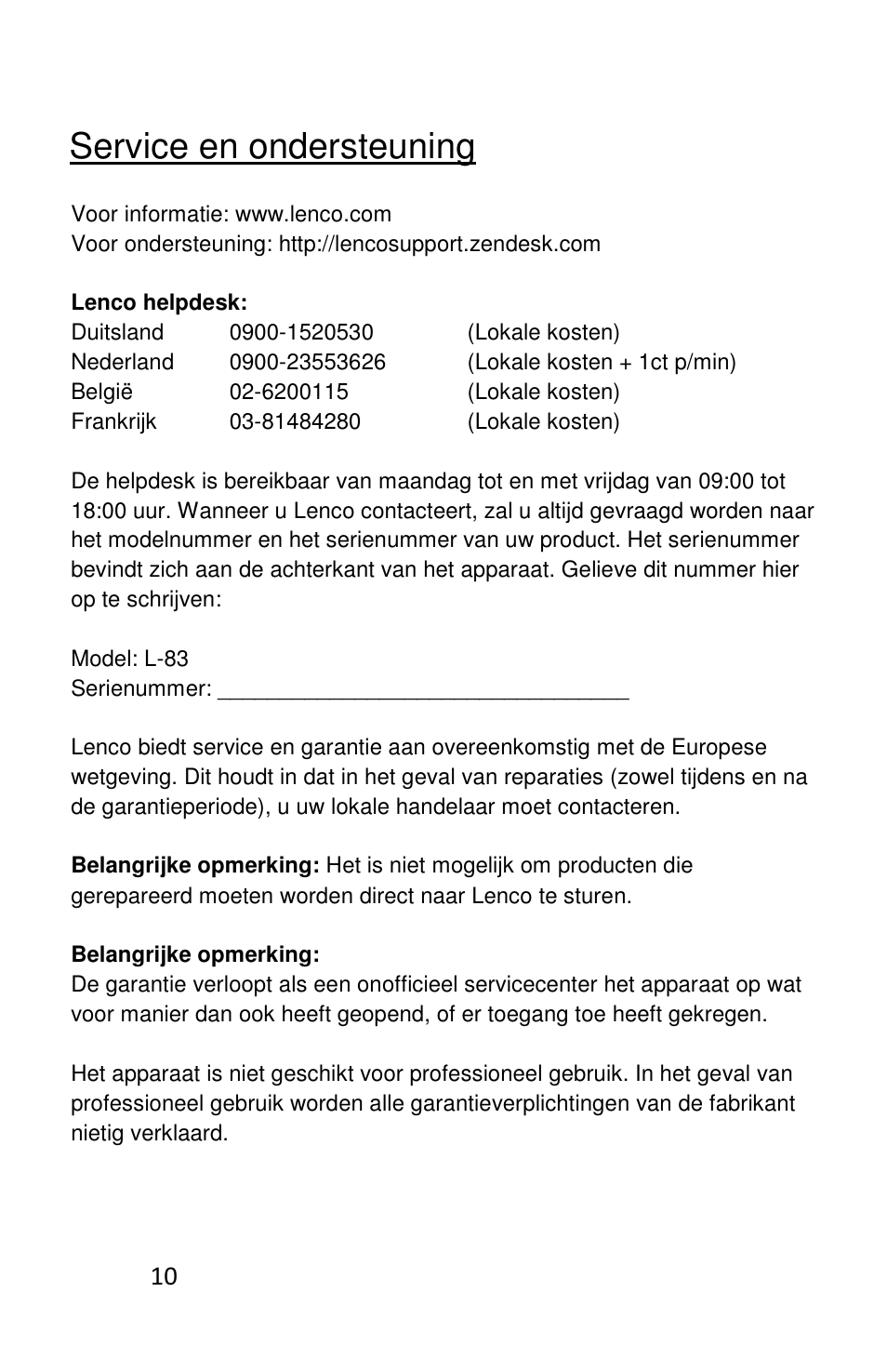 Service en ondersteuning | Lenco L-83 User Manual | Page 56 / 57