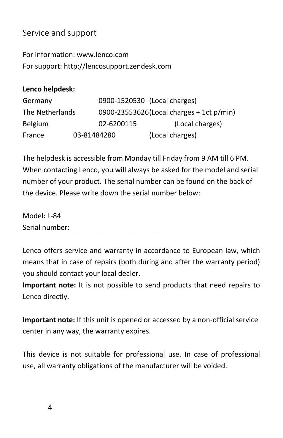 Service and support | Lenco L-84 User Manual | Page 4 / 5