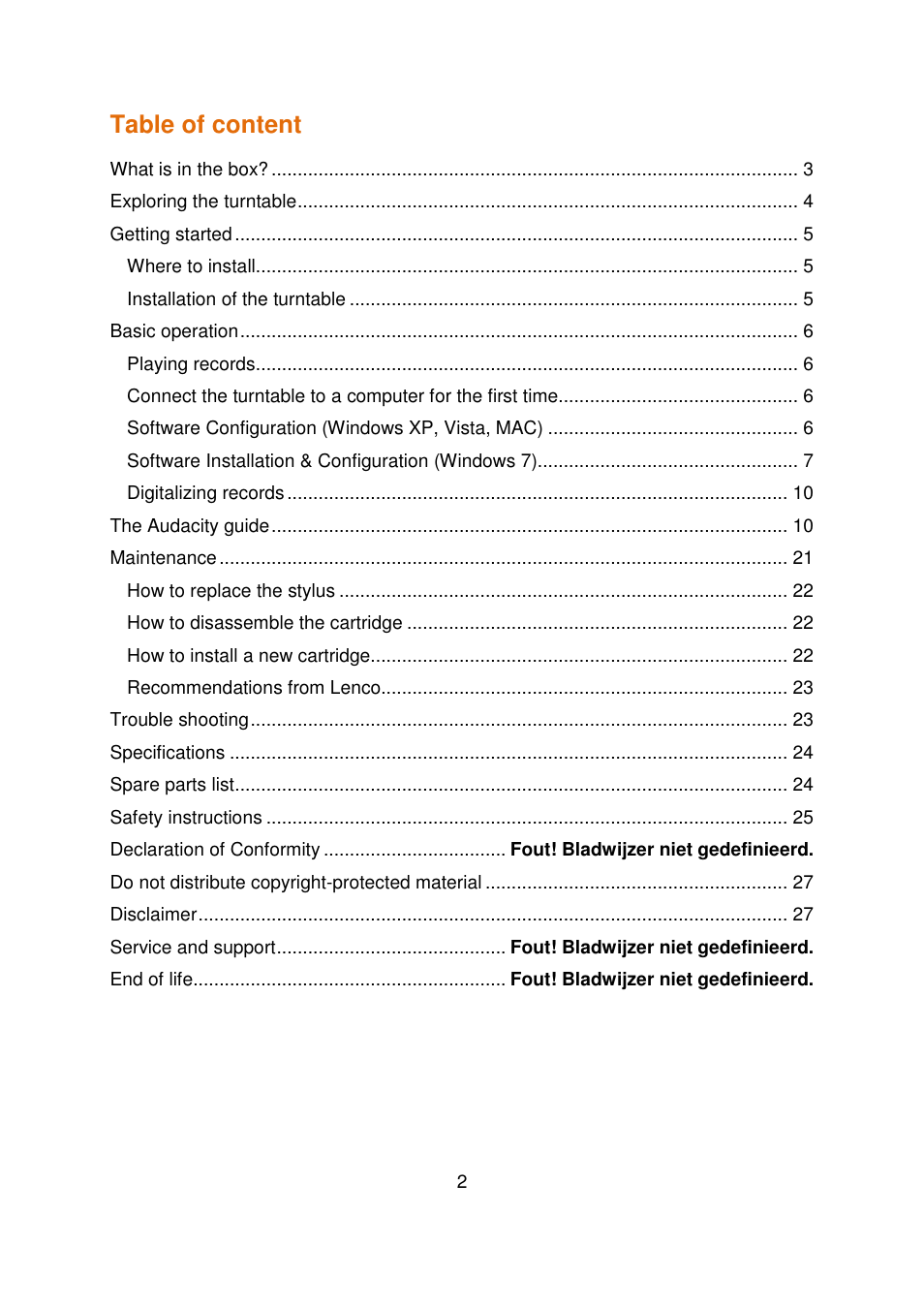 Table of content | Lenco L-90 User Manual | Page 2 / 30