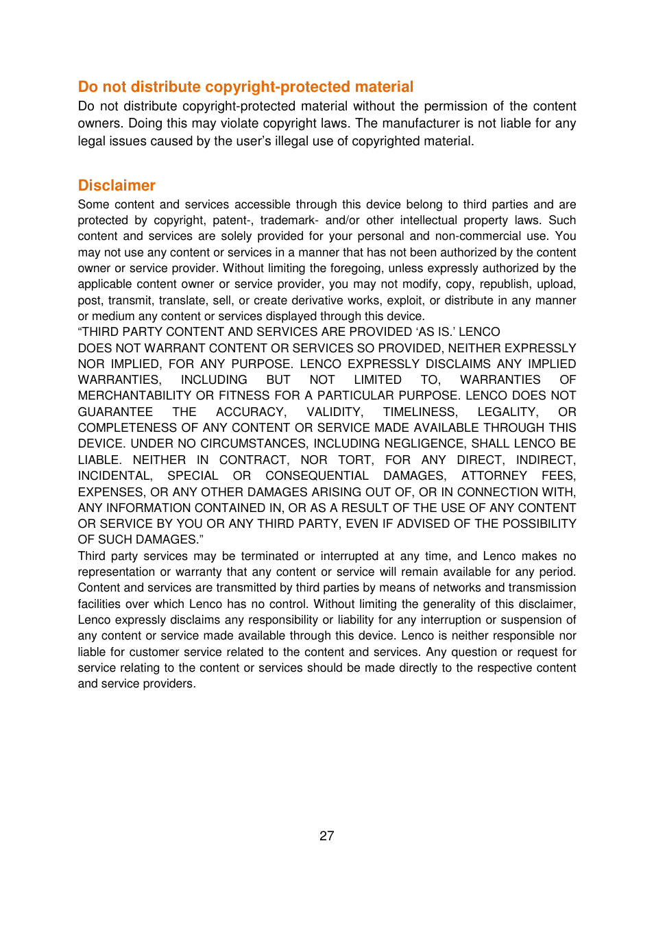 Do not distribute copyright-protected material, Disclaimer | Lenco L-90 User Manual | Page 27 / 30