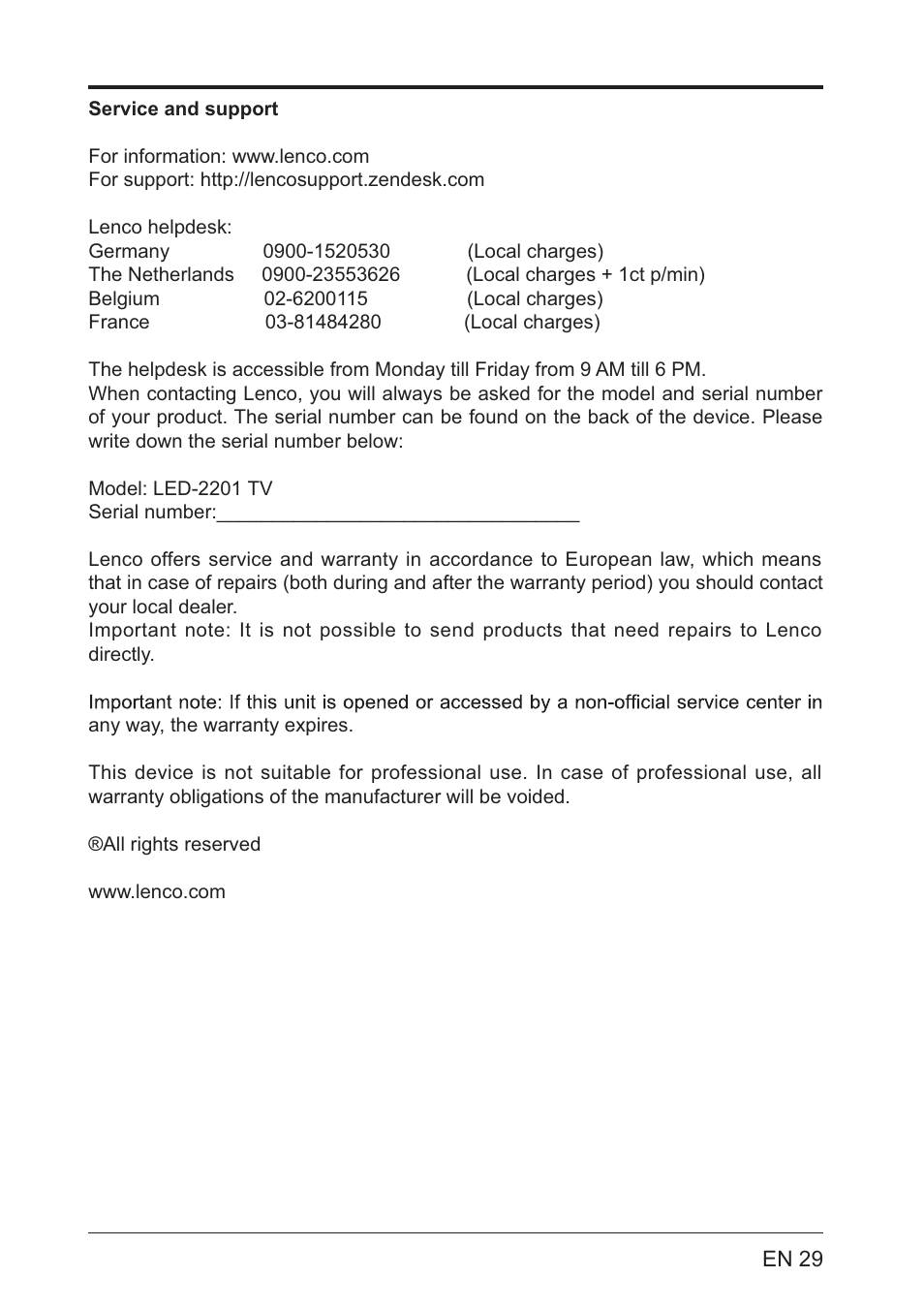 Lenco LED-2201 User Manual | Page 29 / 29