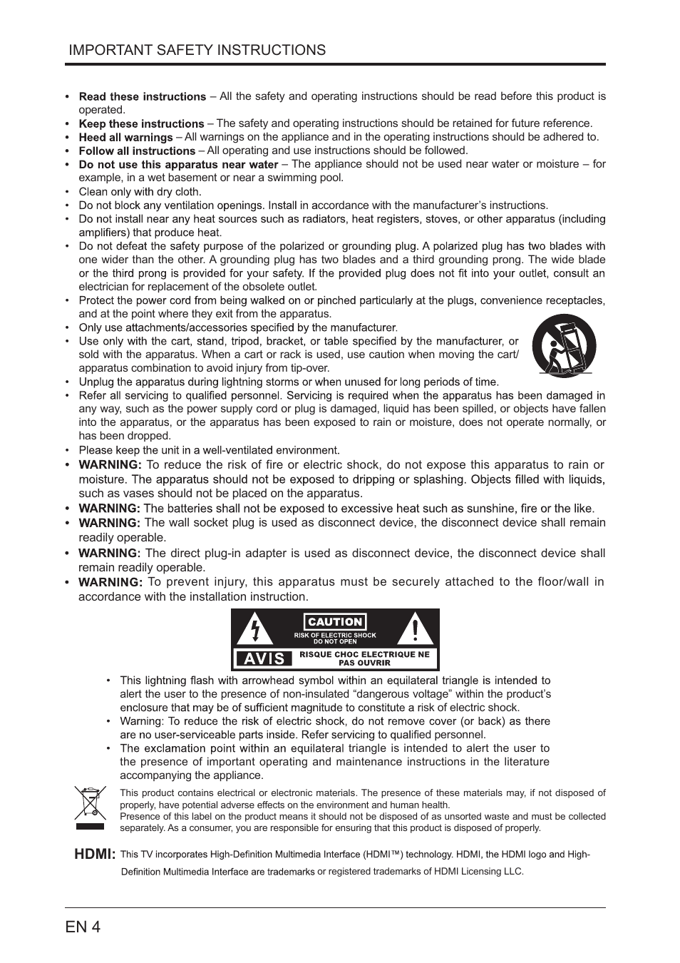 En 4, Important safety instructions, Hdmi | Lenco LED-2201 User Manual | Page 4 / 29