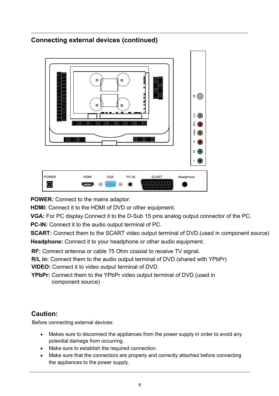 Connecting external devices (continued) caution | Lenco LED-2213 User Manual | Page 10 / 40