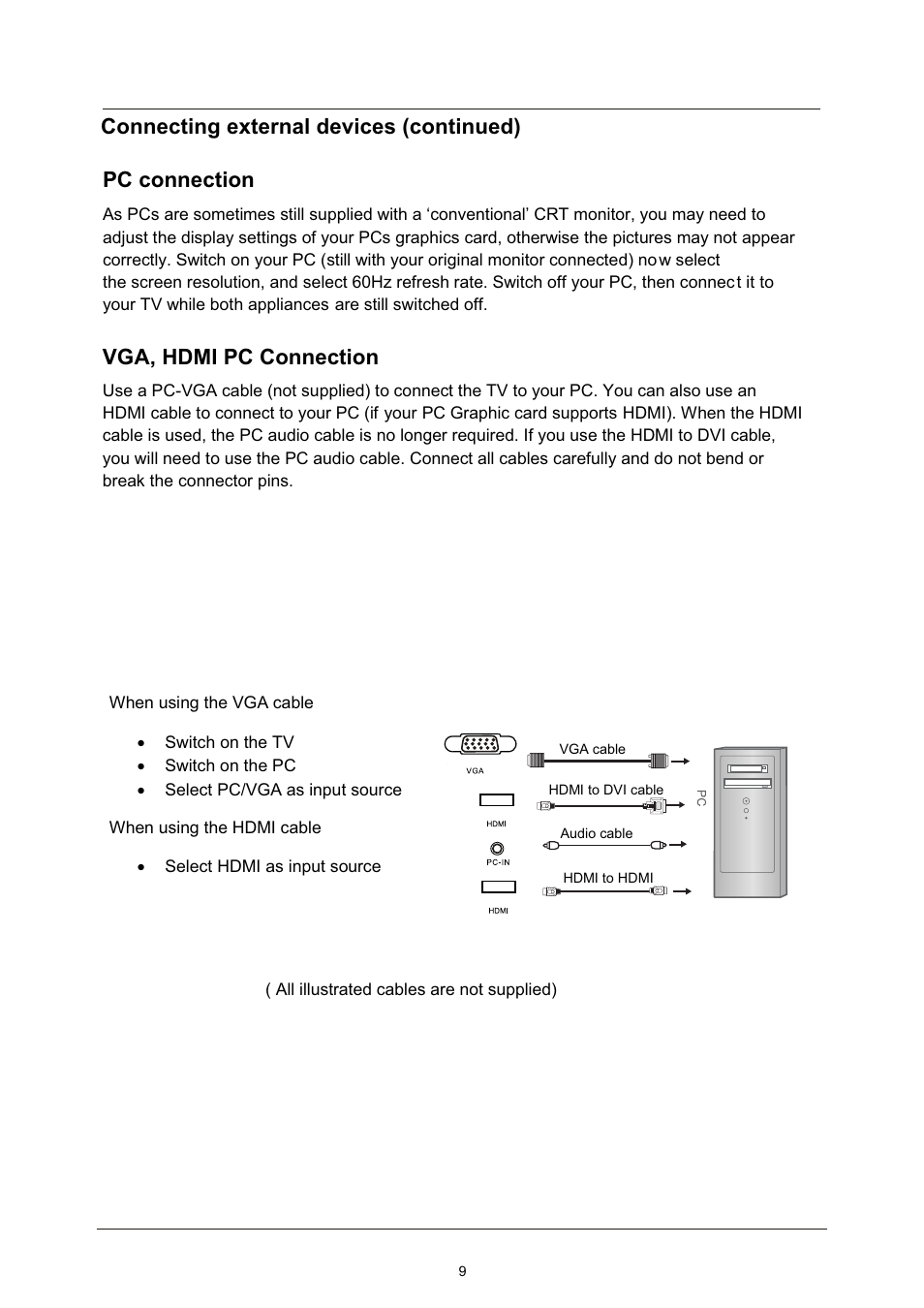 Pc connection, Vga, hdmi pc connection, Connecting external devices (continued) | Lenco LED-2213 User Manual | Page 11 / 40