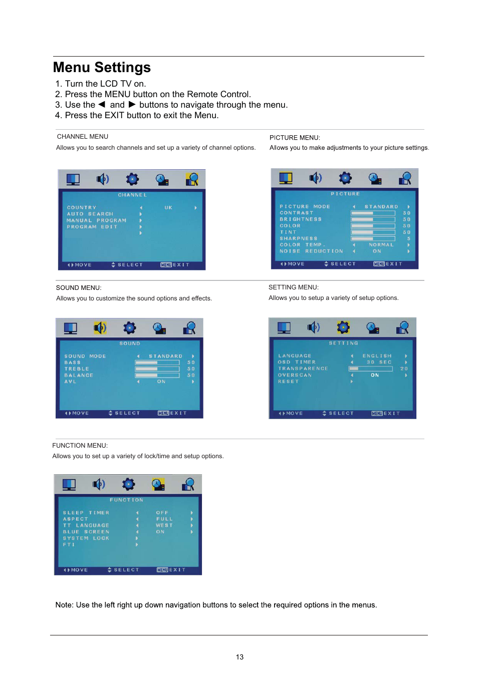 Bas c use, Menu settings | Lenco LED-2213 User Manual | Page 15 / 40