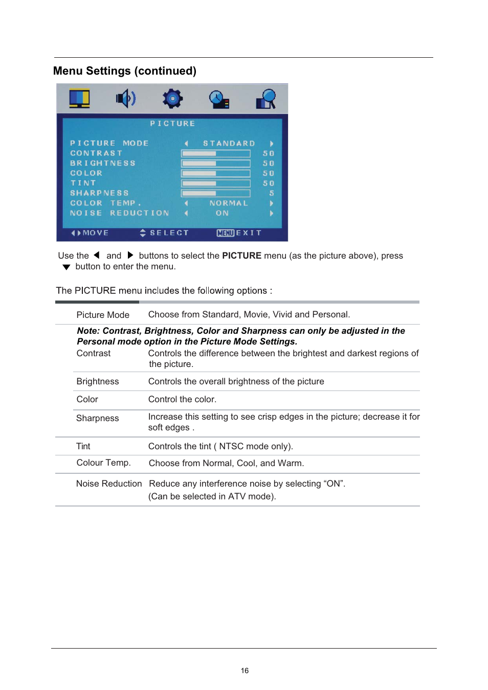 Menu settings (continued) | Lenco LED-2213 User Manual | Page 18 / 40