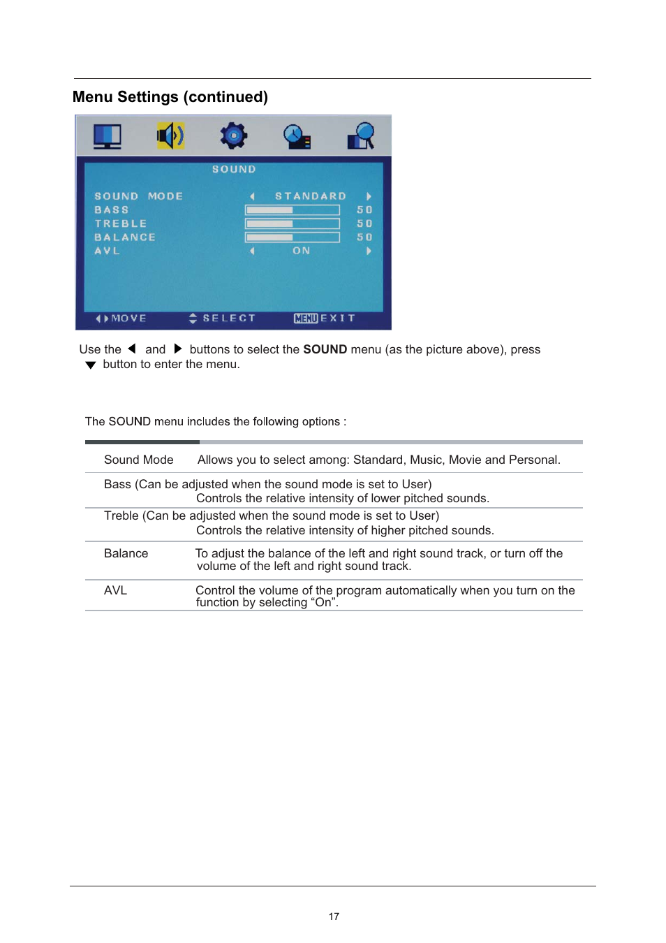 Application, Menu settings (continued) | Lenco LED-2213 User Manual | Page 19 / 40