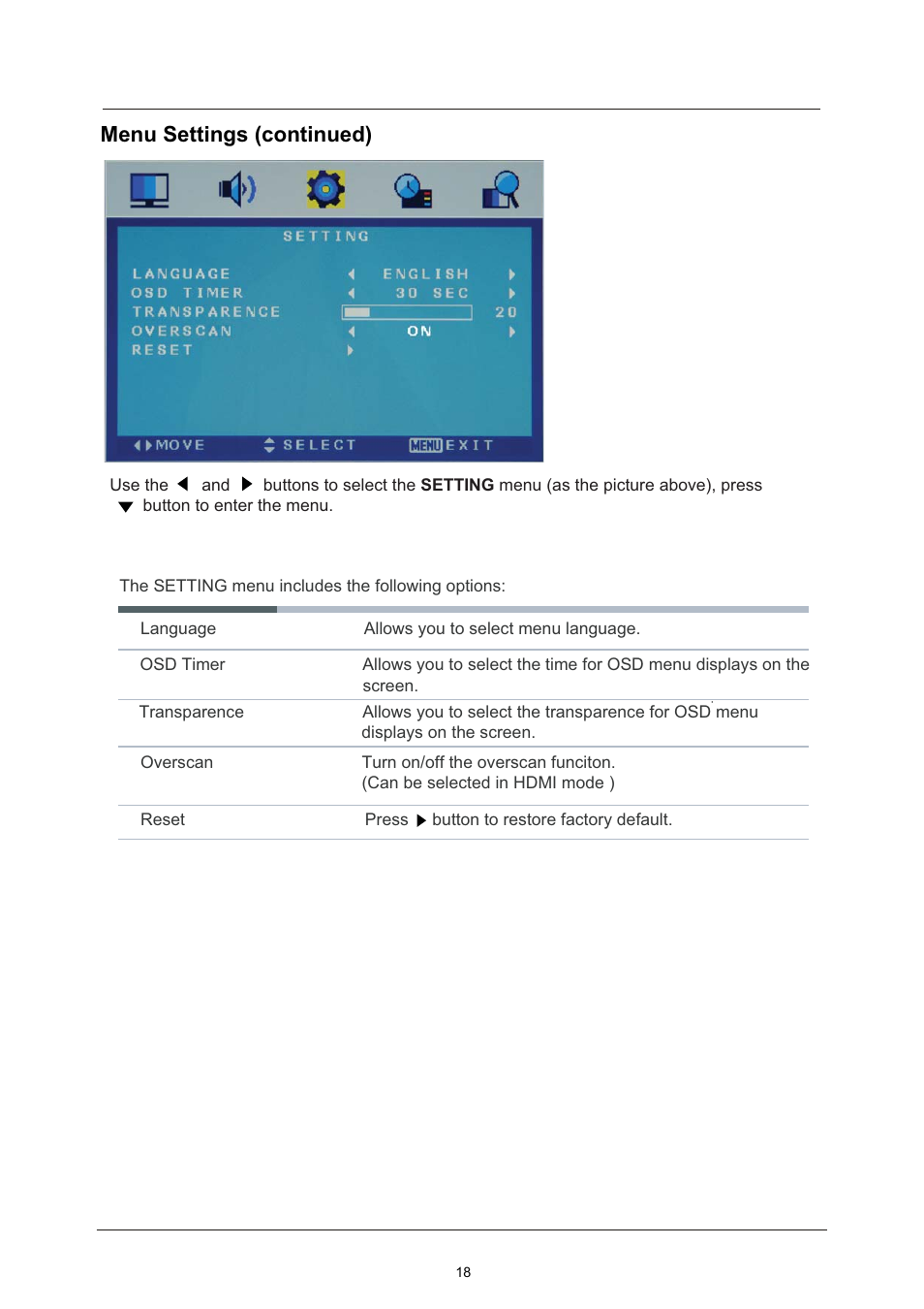 Menu settings (continued) | Lenco LED-2213 User Manual | Page 20 / 40