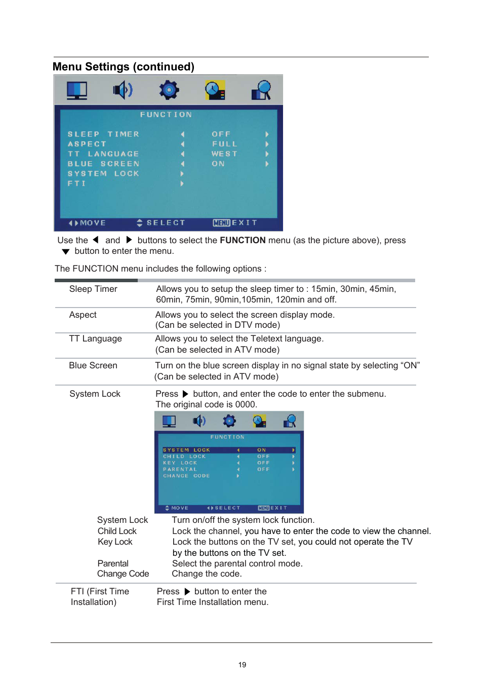 Menu settings (continued) | Lenco LED-2213 User Manual | Page 21 / 40