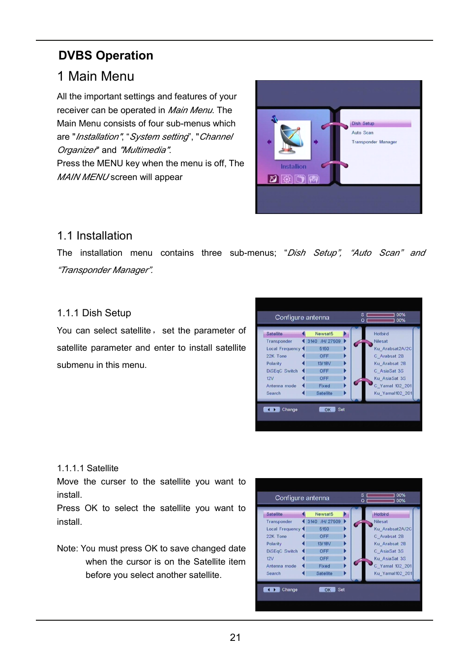 1installation, 1dishsetup, 1 main menu | Dvbs operation | Lenco LED-2213 User Manual | Page 23 / 40