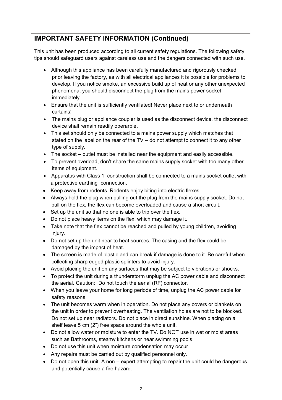 Important safety information (continued) | Lenco LED-2213 User Manual | Page 4 / 40