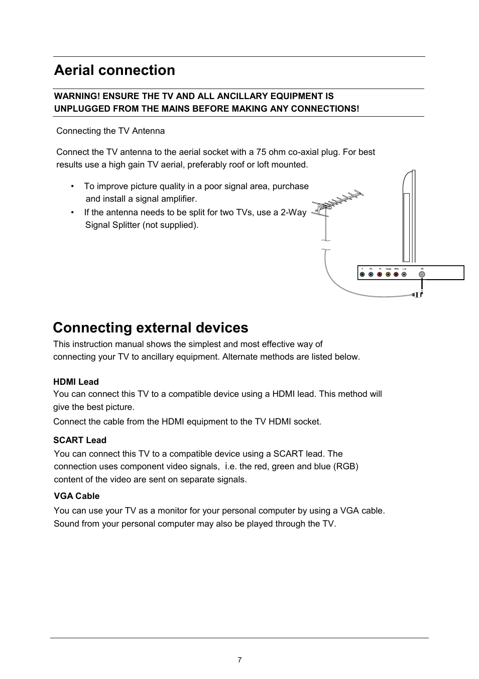 Aerial connection, Connecting external devices | Lenco LED-2213 User Manual | Page 9 / 40