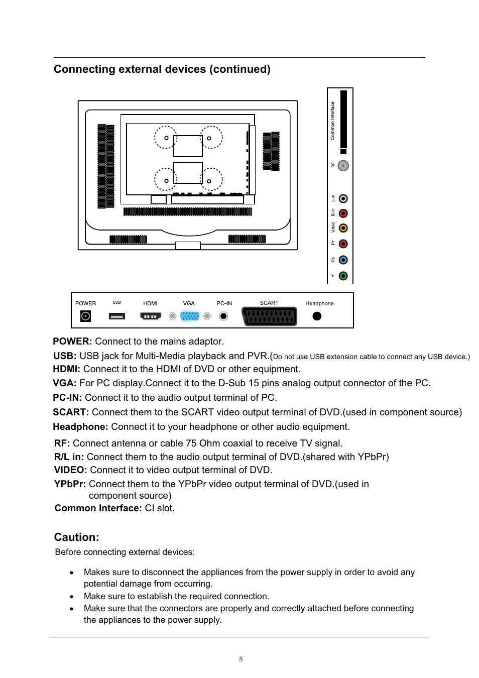 Connecting external devices (continued) caution | Lenco LED-2214 User Manual | Page 11 / 43