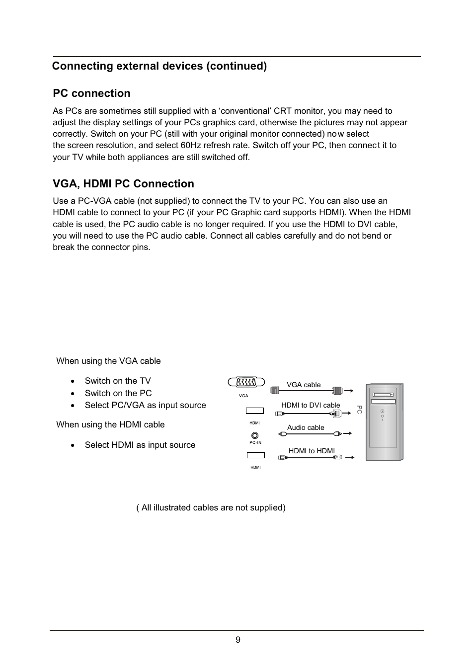 Pc connection, Vga, hdmi pc connection, Connecting external devices (continued) | Lenco LED-2214 User Manual | Page 12 / 43