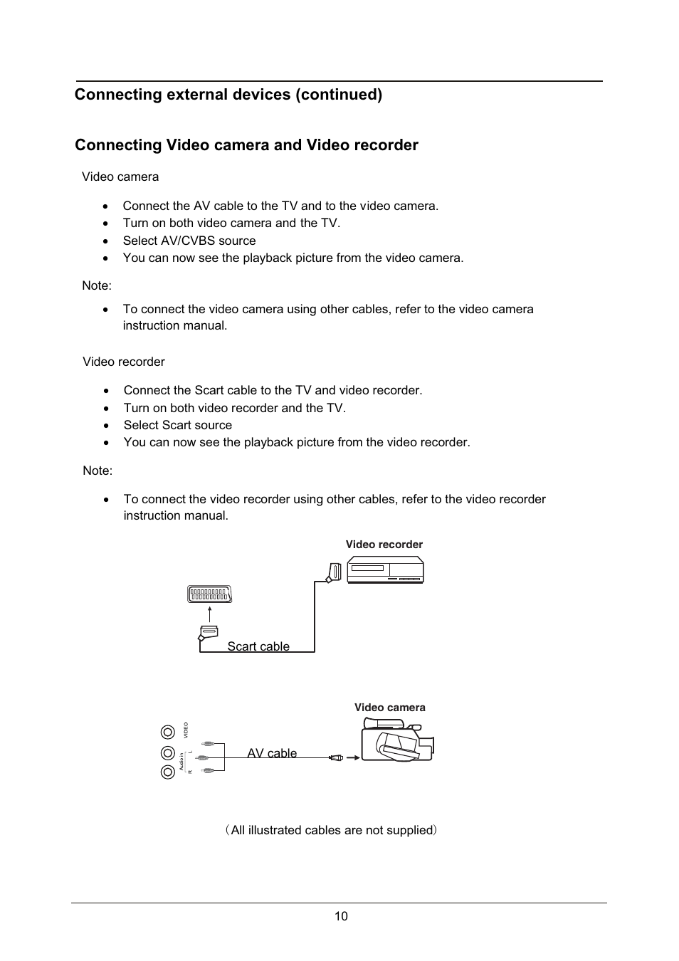 Connecting video camera and video recorder, Connecting external devices (continued) | Lenco LED-2214 User Manual | Page 13 / 43