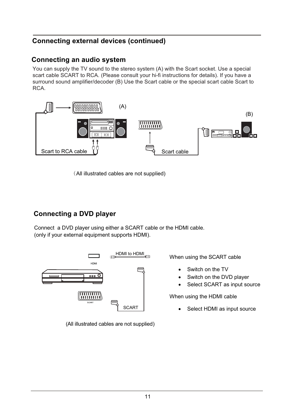 Connecting an audio system, Connecting a dvd player, Connecting external devices (continued) | Lenco LED-2214 User Manual | Page 14 / 43