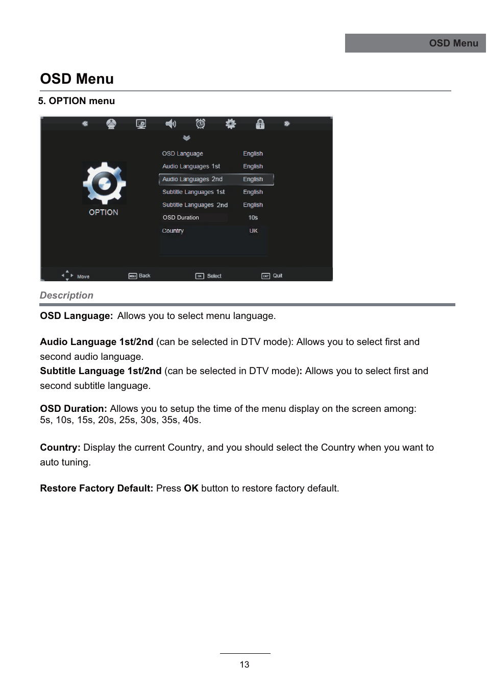 Osd menu | Lenco LED-2215 User Manual | Page 15 / 42