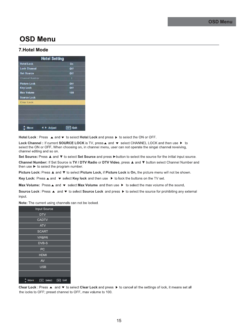 Osd menu, Osd menu 7.hotel mode | Lenco LED-2215 User Manual | Page 17 / 42