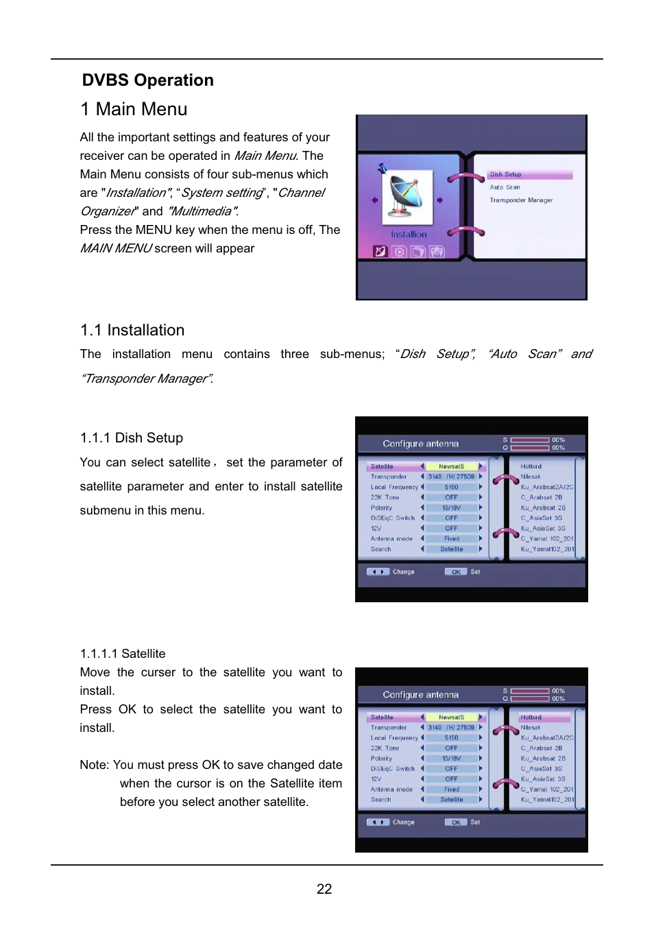1 main menu, Dvbs operation, 1 installation | Lenco LED-2215 User Manual | Page 24 / 42
