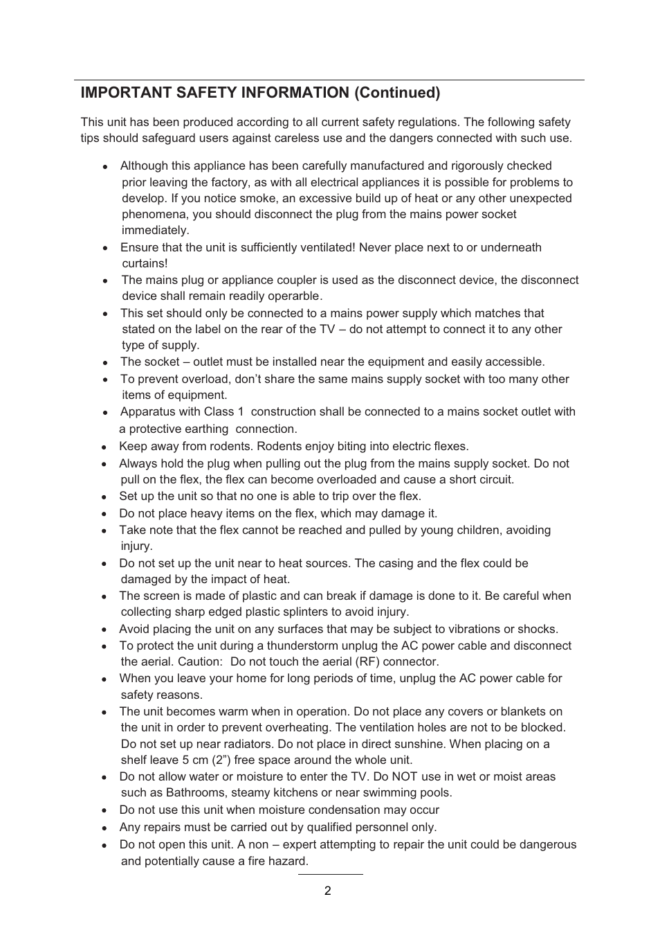 Important safety information (continued) | Lenco LED-2215 User Manual | Page 4 / 42