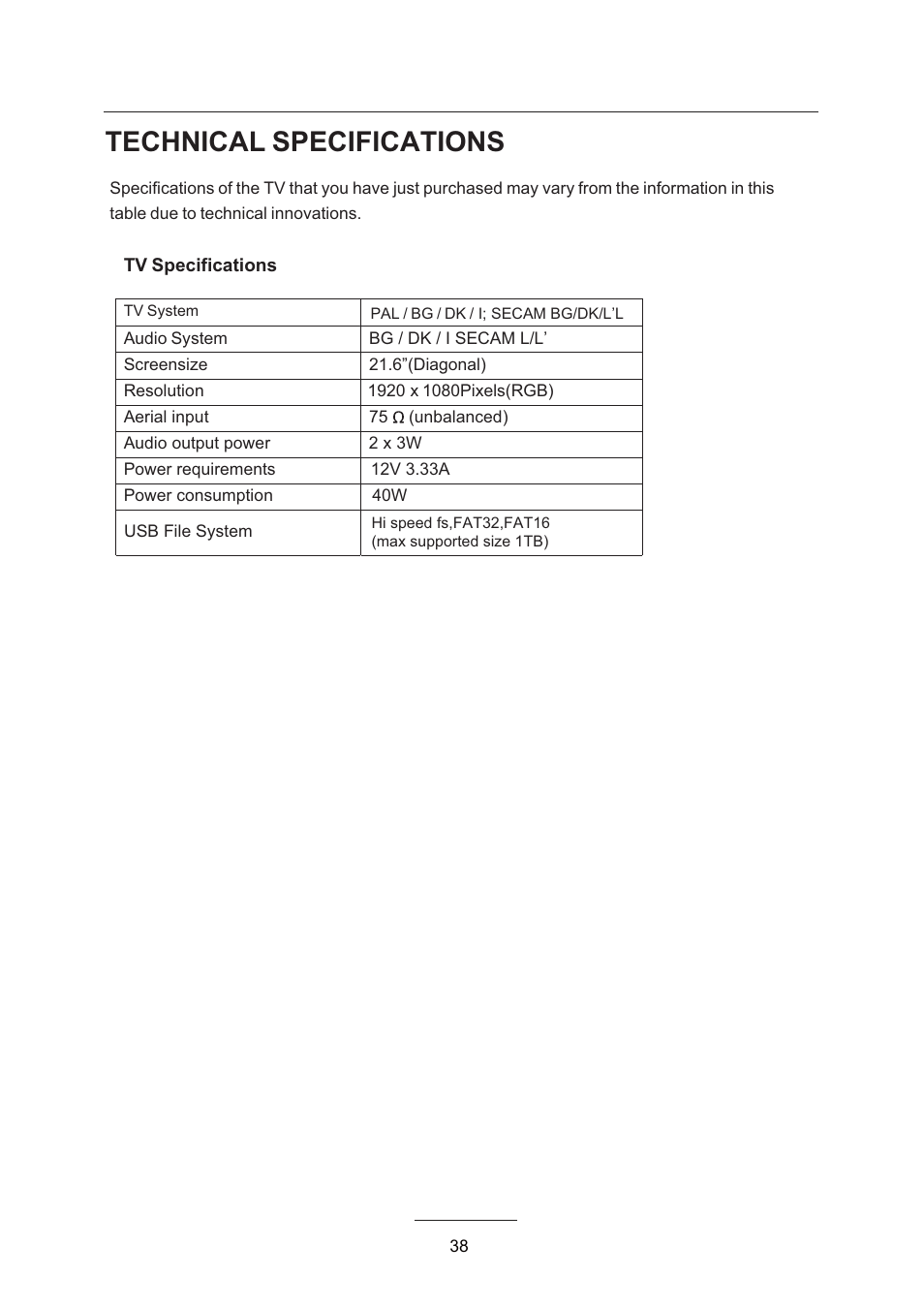 Technical specifications | Lenco LED-2215 User Manual | Page 40 / 42